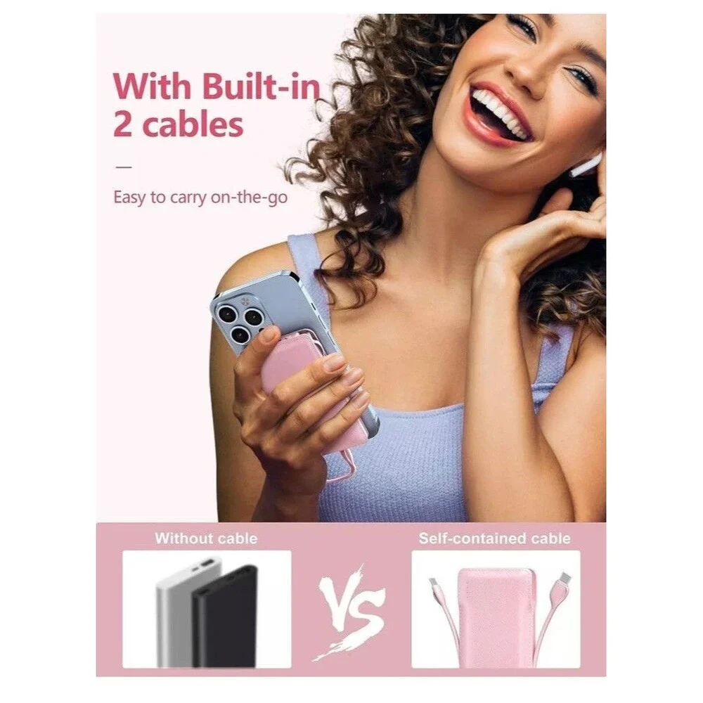 10000mAh Portable Power Bank with Built-in Cables - Fast Charging & Slim Design